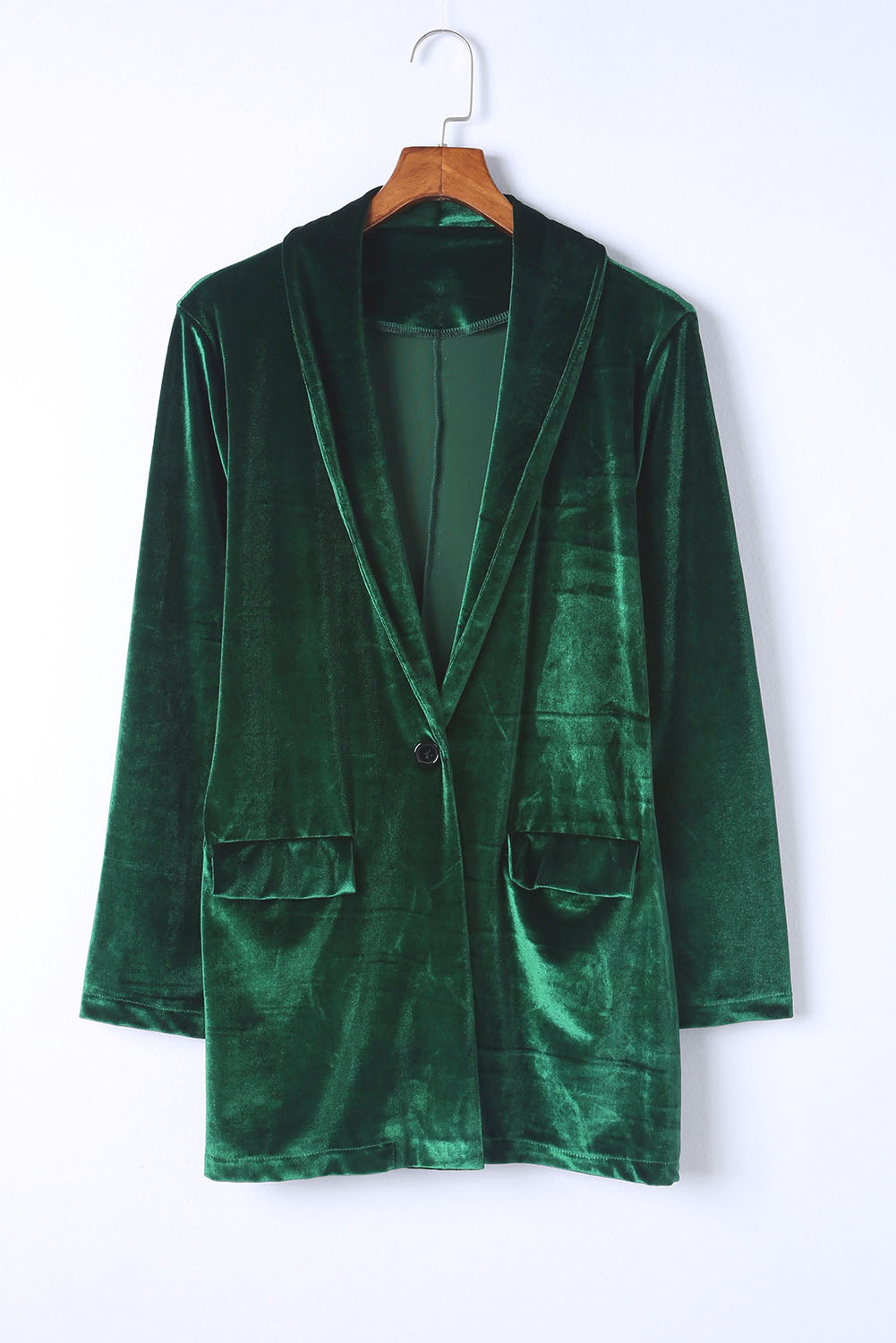 Green Lapel Collar Velvet Blazer with Flap Pockets