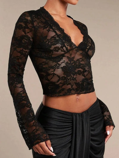 V-Neck Flare Sleeve Lace Top featuring sheer lace detail and a fitted design, perfect for adding elegance to any outfit.