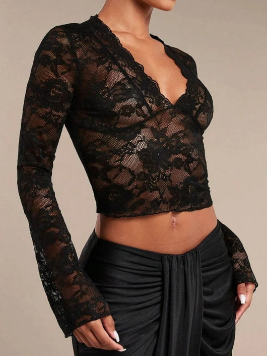 V-Neck Flare Sleeve Lace Top featuring sheer lace detail and a fitted design, perfect for adding elegance to any outfit.