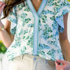 Floral Meets Stripes V Neck Flutter Sleeve Blouse
