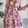 Tied Ruffled Printed Long Sleeve Dress