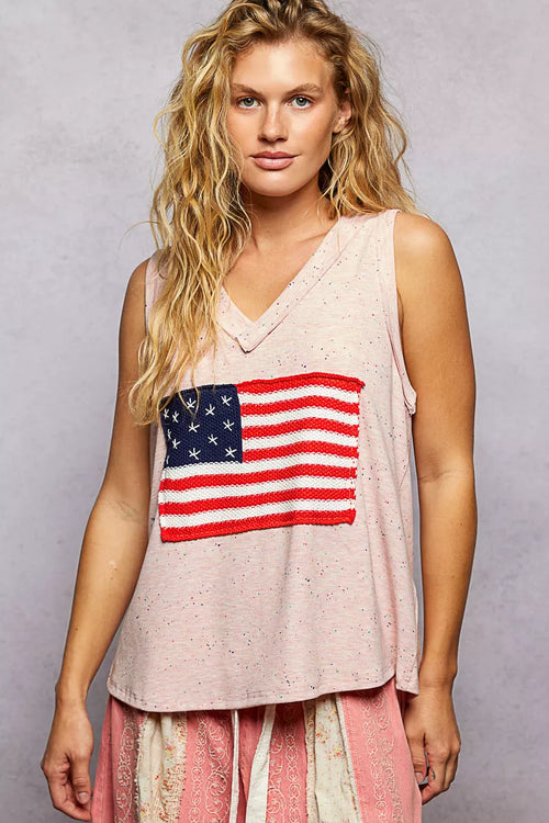 POL V-Neck Ribbed Tank with American Flag Patch and Star Back Patch