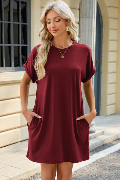 Florira Short Sleeve Mini Dress with Pockets in burgundy color, featuring hidden pockets for functionality.