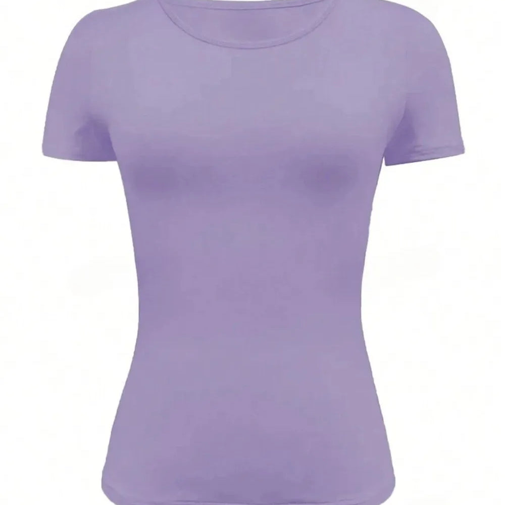 Round Neck Short Sleeve T-Shirt in purple color showcasing a basic style, made from polyester and elastane blend.