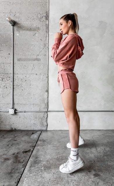 Pink Raw Edges Cropped Hoodie and Bottom Sets