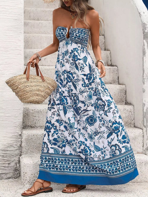 Floral Print Strapless Maxi Dress