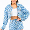 American Bazi Checkered Long Sleeve Cropped Denim Jacket