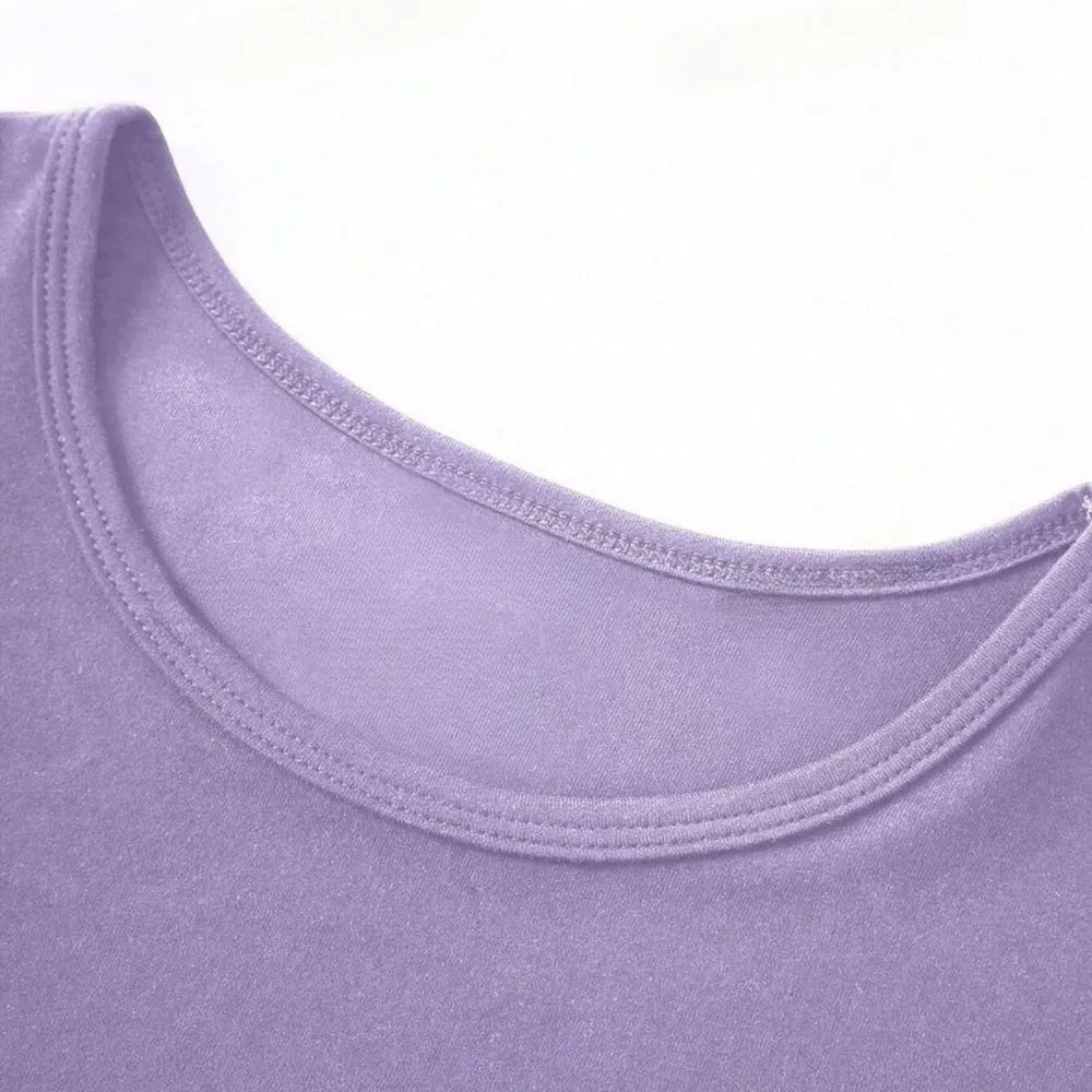 Round Neck Short Sleeve T-Shirt in a soft lavender color, showcasing the neckline detail and fabric texture.