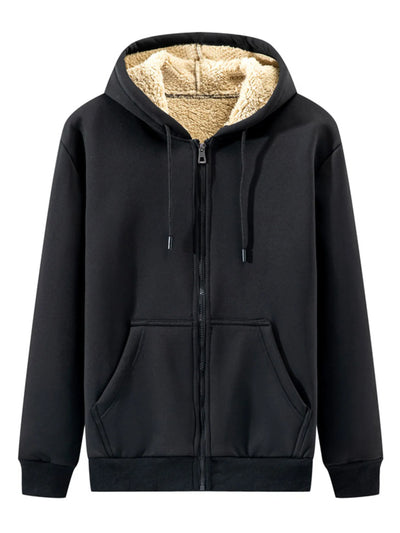 Men's Plus Size Fleece Lined Zip-Up Hoodie in black with drawstring and front pockets.