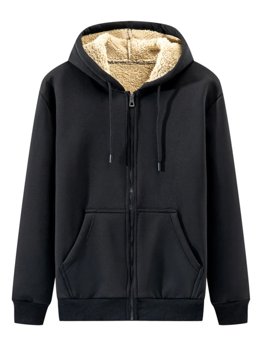 Men's Plus Size Fleece Lined Zip-Up Hoodie in black with drawstring and front pockets.