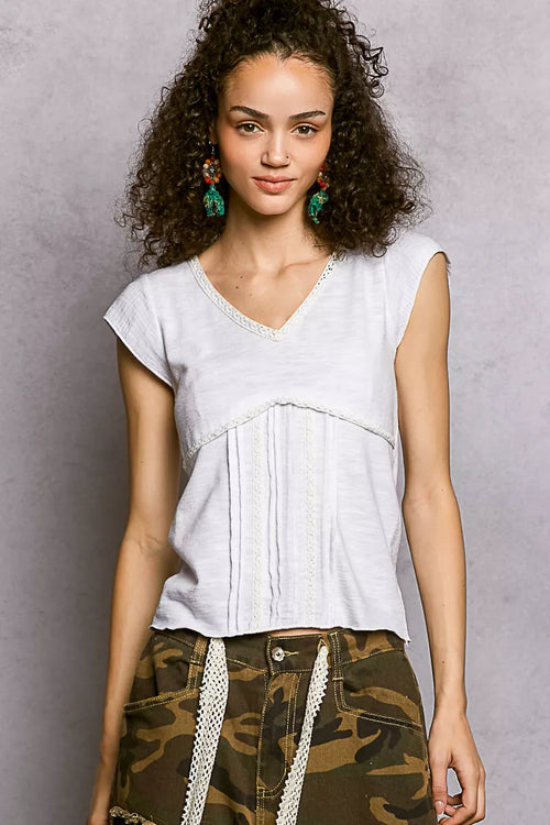 POL V-Neck Lightweight Textured Short Sleeve Knit Top with Lace Trim