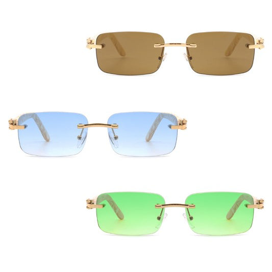 Rimless Rectangle Retro Tinted Fashion Sunglasses in various colors including black, brown, blue, green, and pink.
