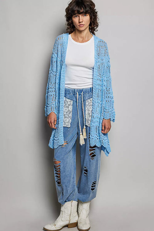POL Openwork Lightweight Open Front Cardigan with Scalloped Edge