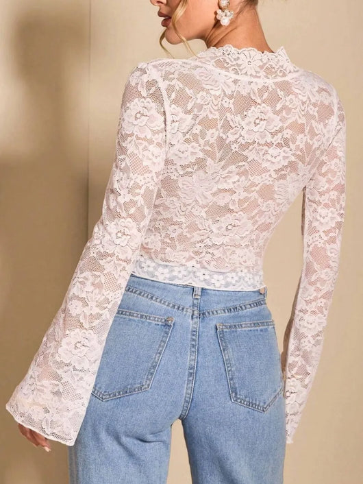 Back view of V-Neck Flare Sleeve Lace Top featuring sheer lace design and flared sleeves.
