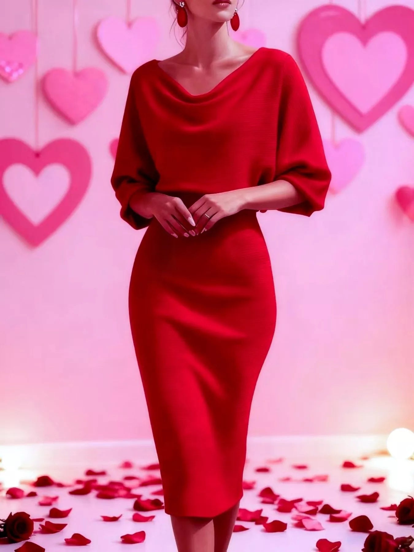 Cowl Neck Bodycon Midi Dress in vibrant red, featuring a relaxed fit and stylish design against a romantic backdrop.