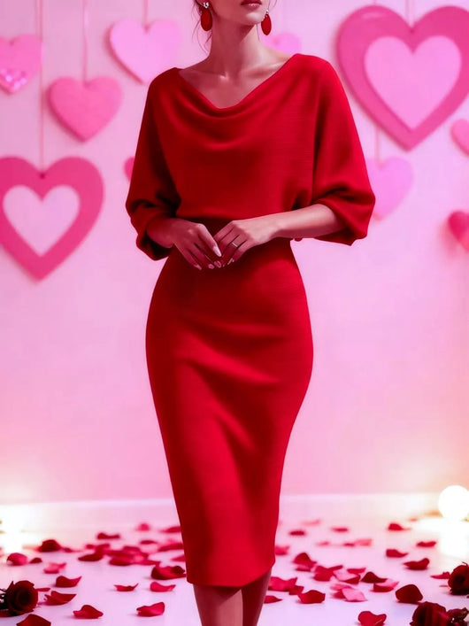 Cowl Neck Bodycon Midi Dress in vibrant red, featuring a relaxed fit and stylish design against a romantic backdrop.