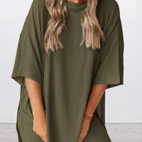 Full Size Oversized Slit Round Neck Top and Shorts Lounge Set Plus Size