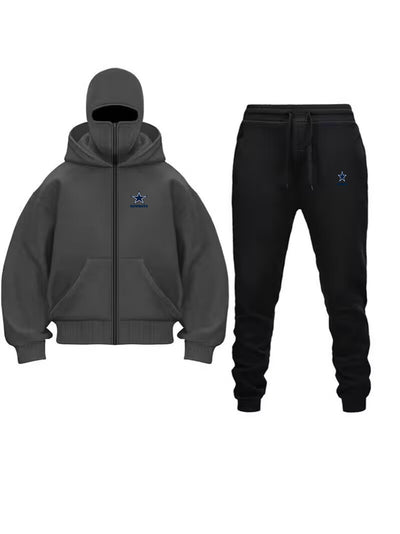 Unique Design Double Hooded Zip-Up Sweatshirt Set for Men and Women in gray with jogger pants.