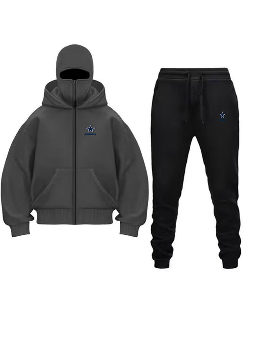 Unique Design Double Hooded Zip-Up Sweatshirt Set for Men and Women in gray with jogger pants.