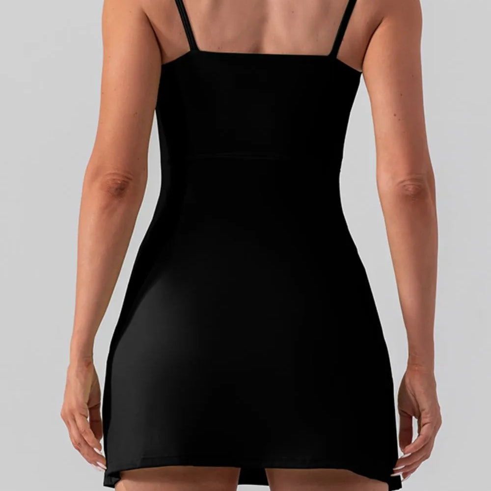 Back view of the Square Neck Sleeveless Slit Mini Active Dress showcasing sleek design and comfortable fit.