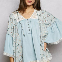 POL Double Gauze Floral Patch Blouse with Lace Detail