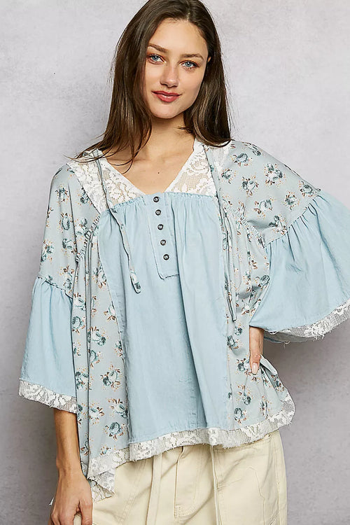 POL Double Gauze Floral Patch Blouse with Lace Detail