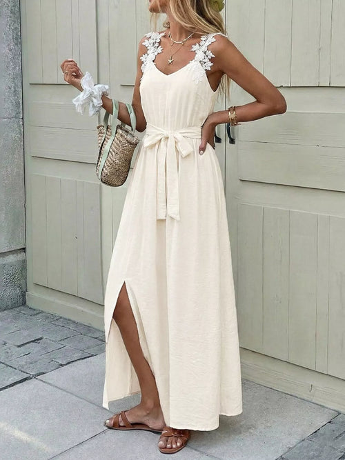 Lace Trimmed Slit Maxi Dress