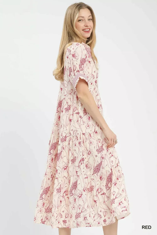 Umgee Floral Tiered Midi Dress with Ruffle Trim