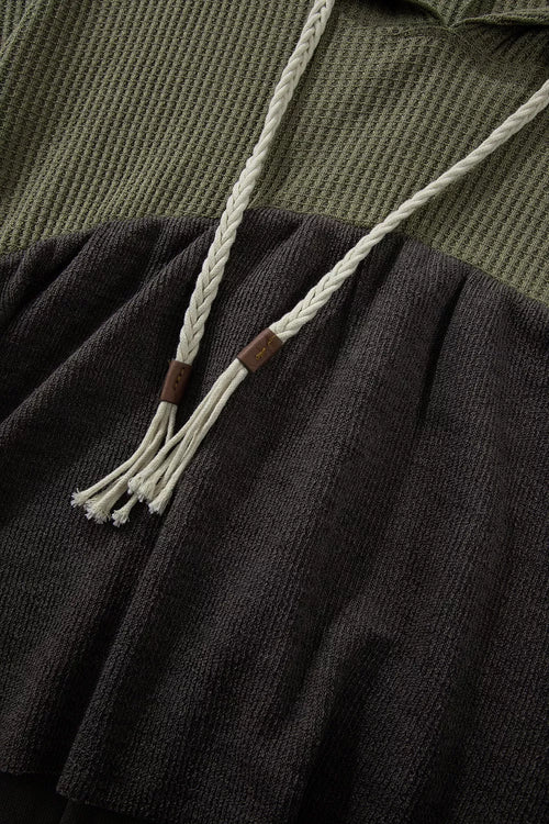 Color Block Waffle Knit Raw Hem Hoodie