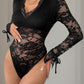 Perfee Lace V-Neck Long Sleeve Bodysuit