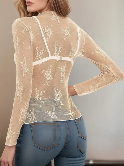 Floral Mock Neck Long Sleeve Mesh Top featuring sheer lace design and back view. Perfect for stylish layering.