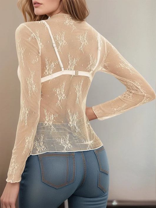 Floral Mock Neck Long Sleeve Mesh Top featuring sheer lace design and back view. Perfect for stylish layering.