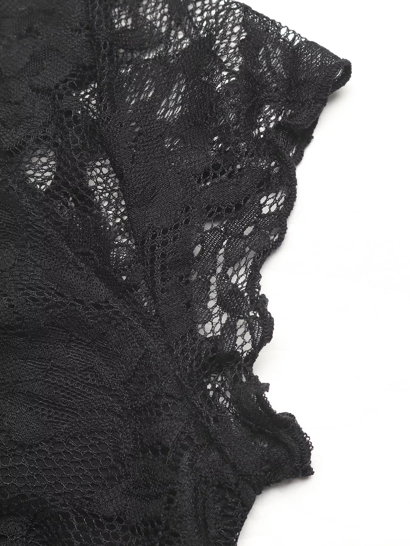 Close-up of black lace fabric detailing for Lace V-Neck Slim Fit T-Shirt.