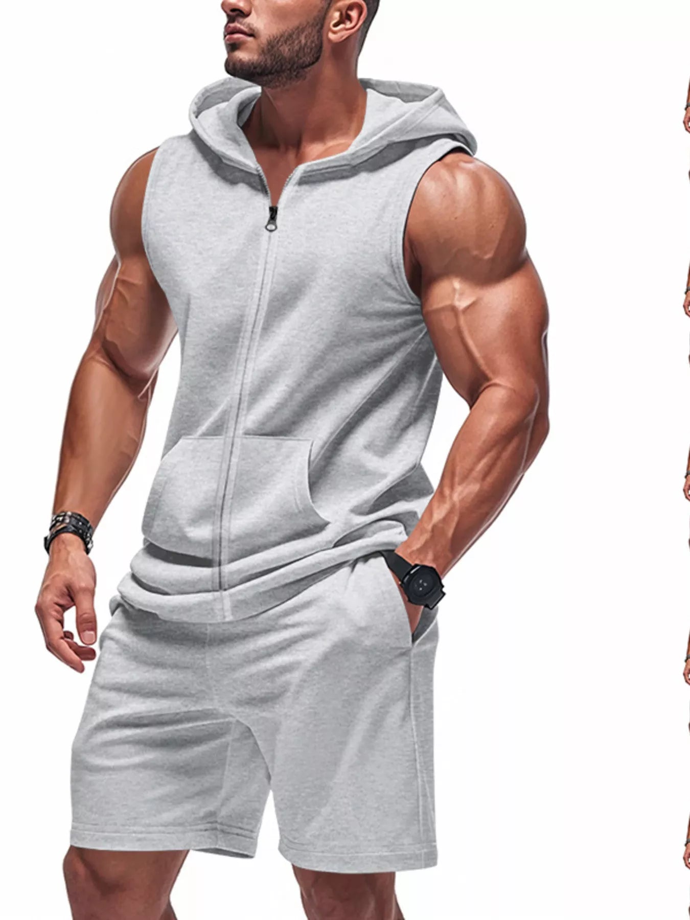 Men's sleeveless zip-up hoodie and shorts set