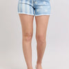 Judy Blue Full Size Mr Star & Stripe Bleach Discharge Fray Hem Denim Shorts Plus Size