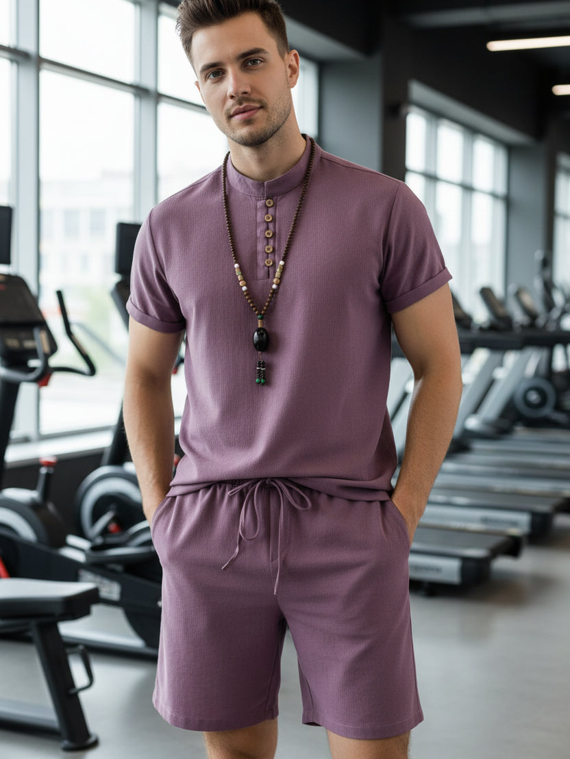 Men's mandarin-collar short-sleeve shirt and shorts set, plus size