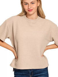 Zenana Full Size Double Knit Side Slits Hi Low Short Sleeve Top Plus Size in cocoa color worn by a model.