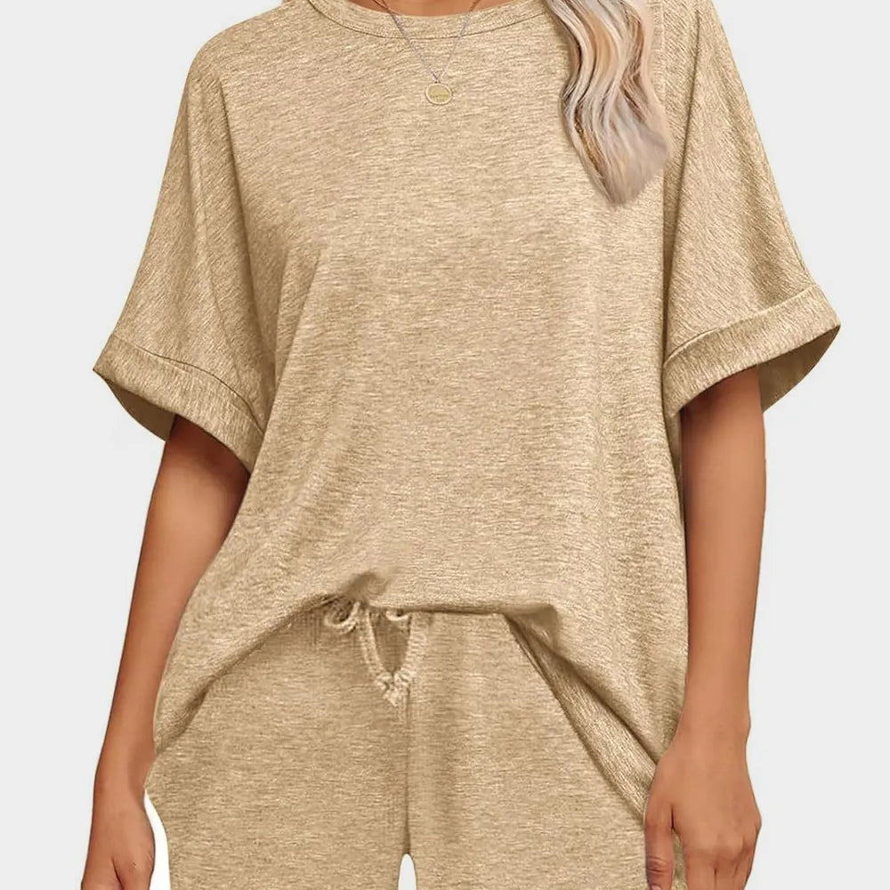 Round Neck T-Shirt and Drawstring Shorts Set in beige, featuring a comfortable fit and casual style.