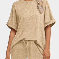 Round Neck T-Shirt and Drawstring Shorts Set in beige, featuring a comfortable fit and casual style.