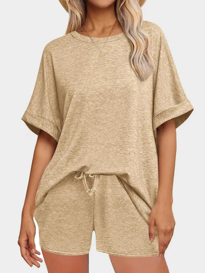 Round Neck T-Shirt and Drawstring Shorts Set in beige, featuring a comfortable fit and casual style.