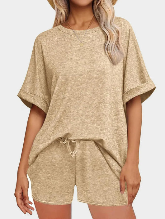 Round Neck T-Shirt and Drawstring Shorts Set in beige, featuring a comfortable fit and casual style.