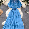 Floral Decor Tie Waist Puff Sleeve Dress