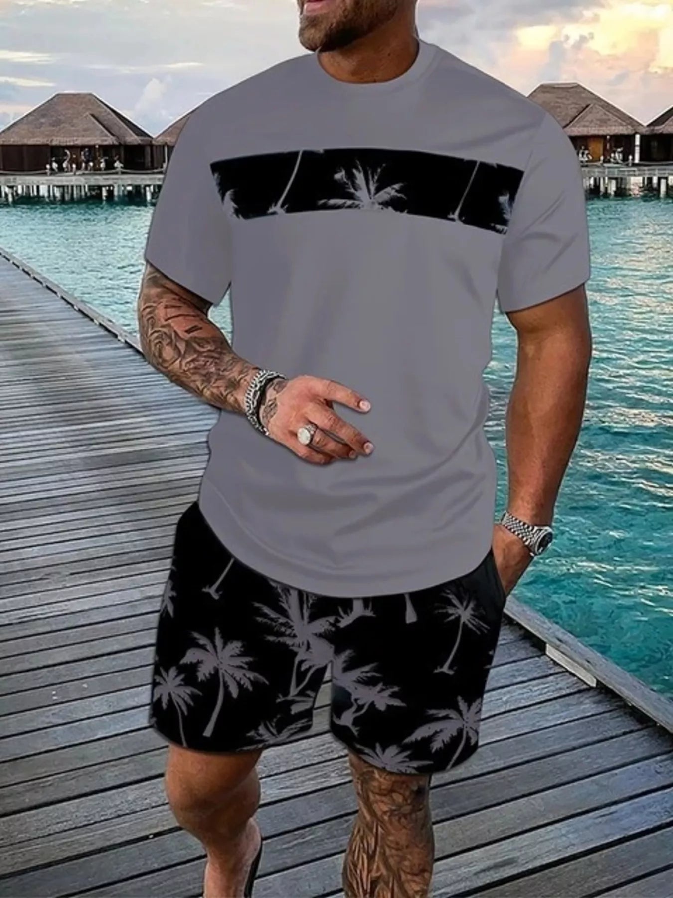 The Waikiki Palm Tee Set – palm tree print tee and shorts set, view 8