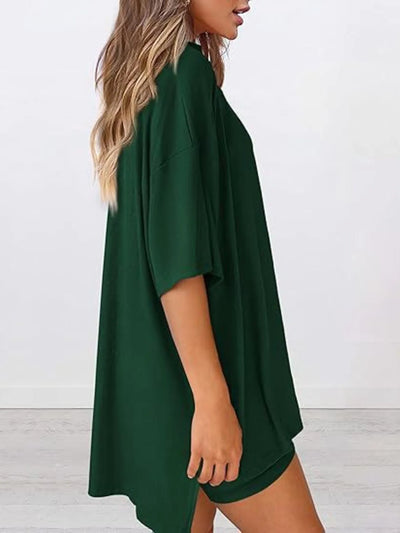 Full Size Oversized Slit Round Neck Top and Shorts Lounge Set Plus Size in green, featuring a relaxed fit and side slit.