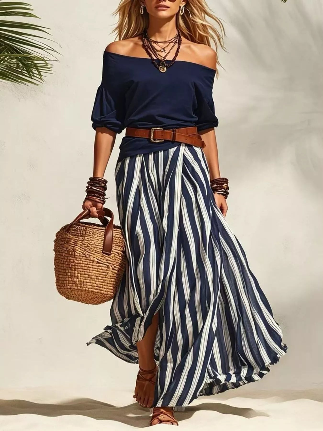 The Bellamy Off-Shoulder Skirt Set – off-shoulder top and striped maxi skirt with belt