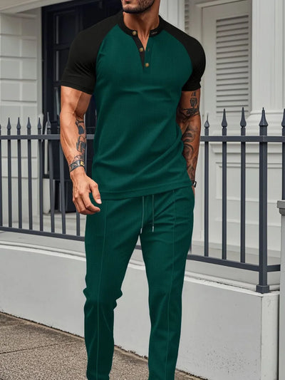 Men's Full Size Waffle-Knit Contrast Top and Drawstring Pants Set Plus Size in dark green with short sleeves.