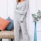 Khaki Slouchy Ribbed Knit V Neck Top & Pants Loungewear Set