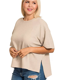 Zenana Full Size Double Knit Side Slits Hi Low Short Sleeve Top Plus Size in cocoa color with short sleeves.