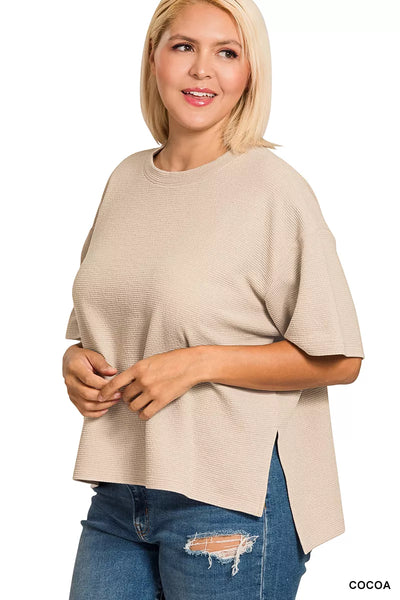 Zenana Full Size Double Knit Side Slits Hi Low Short Sleeve Top Plus Size in cocoa color with short sleeves.
