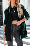 Green Lapel Collar Velvet Blazer with Flap Pockets